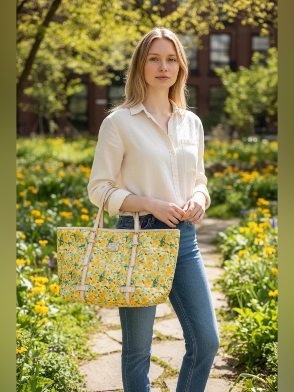 Dooney & Bourke Multicolor Floral Double Handles Tote Bag Cream Green Marigold
